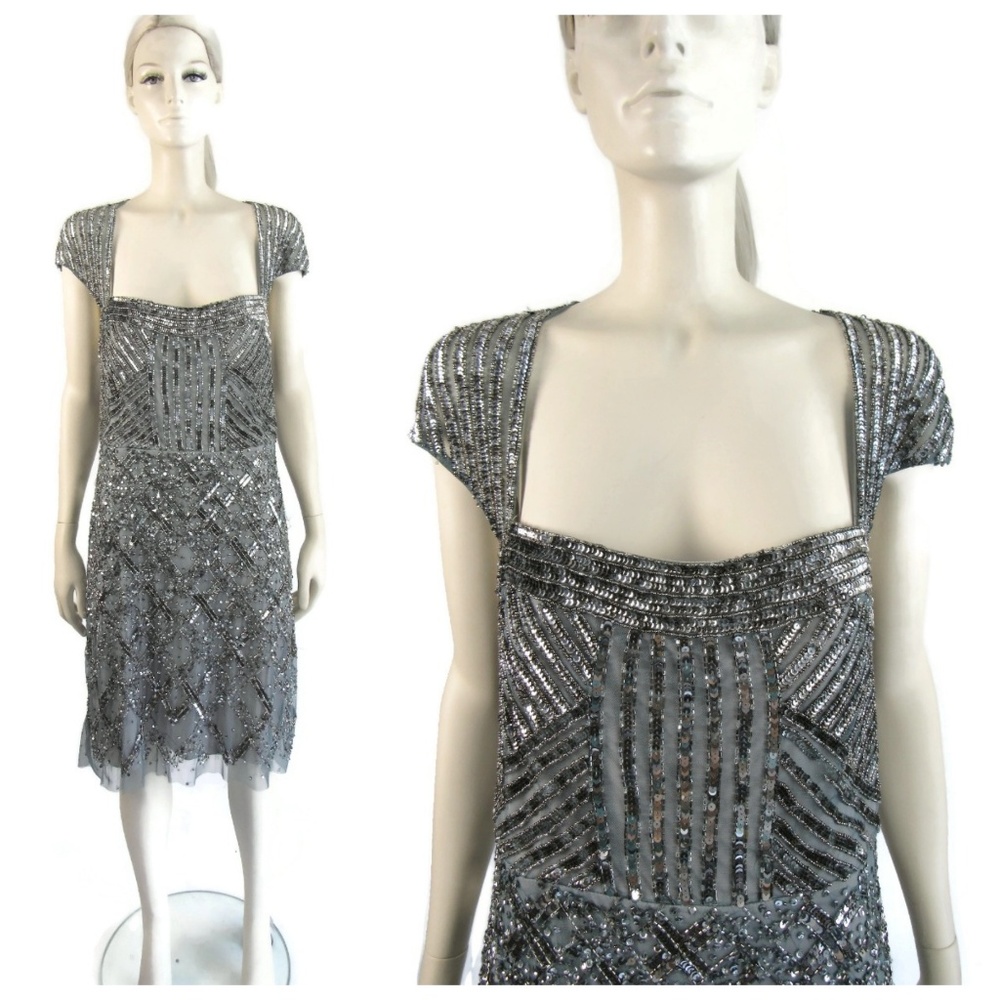 Adrianna Papell Silver Sequins Capsleeve Dress 14